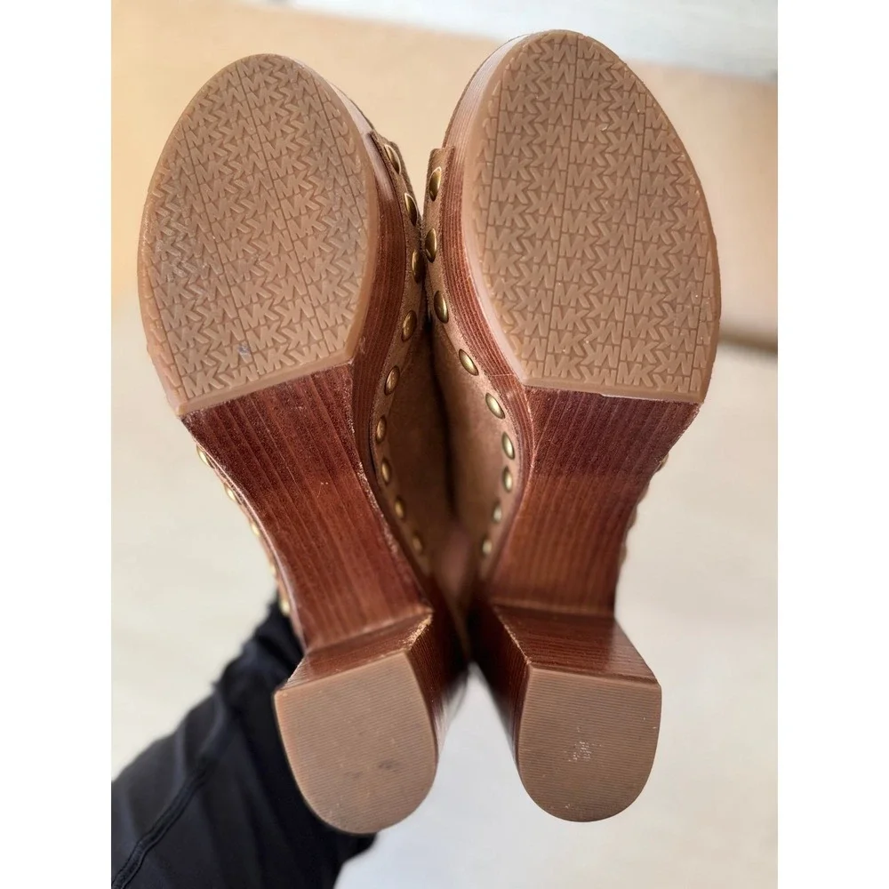 Michael Kors Brown Suede Woven Platform Mules Studded Block Heel 8M 38.5